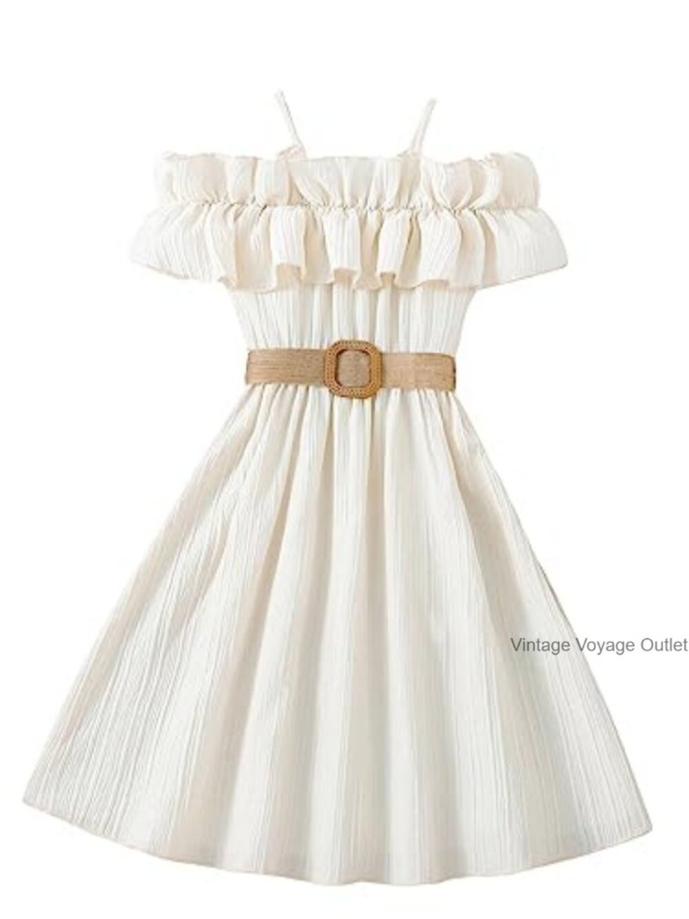 Girls Cold Shoulder Ruffle Trim A Line Midi Dress Short Sleeve Polyester